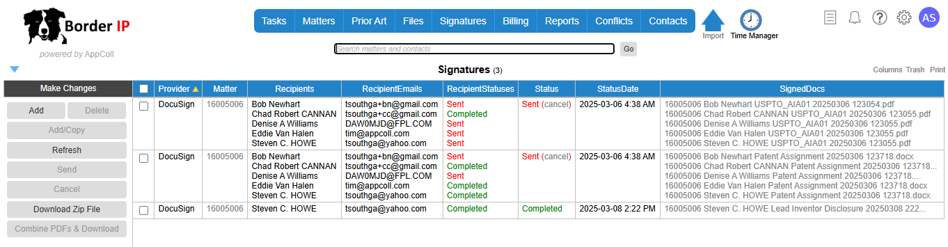 AppColl Signatures module listing signature envelopes, their status and signed documents