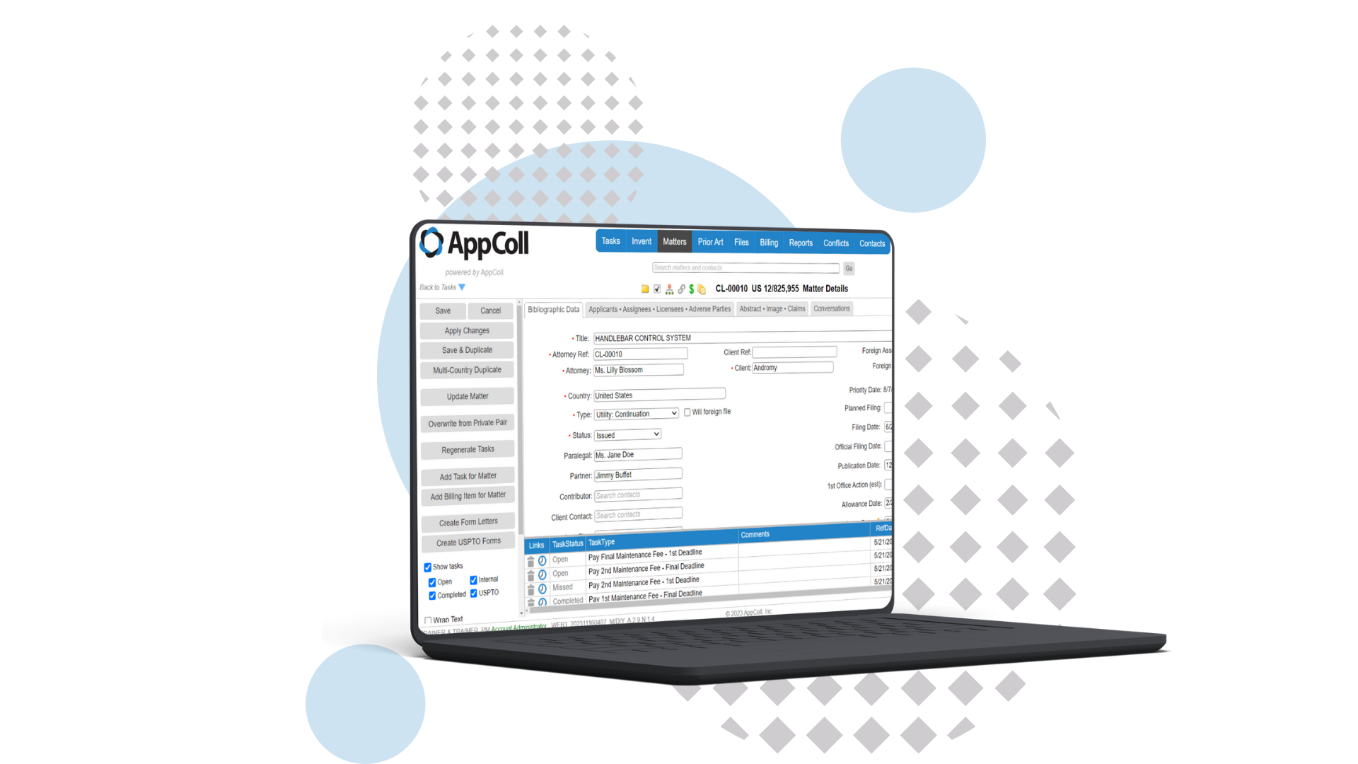 AppColl PM Plus IP docketing software shown on a laptop