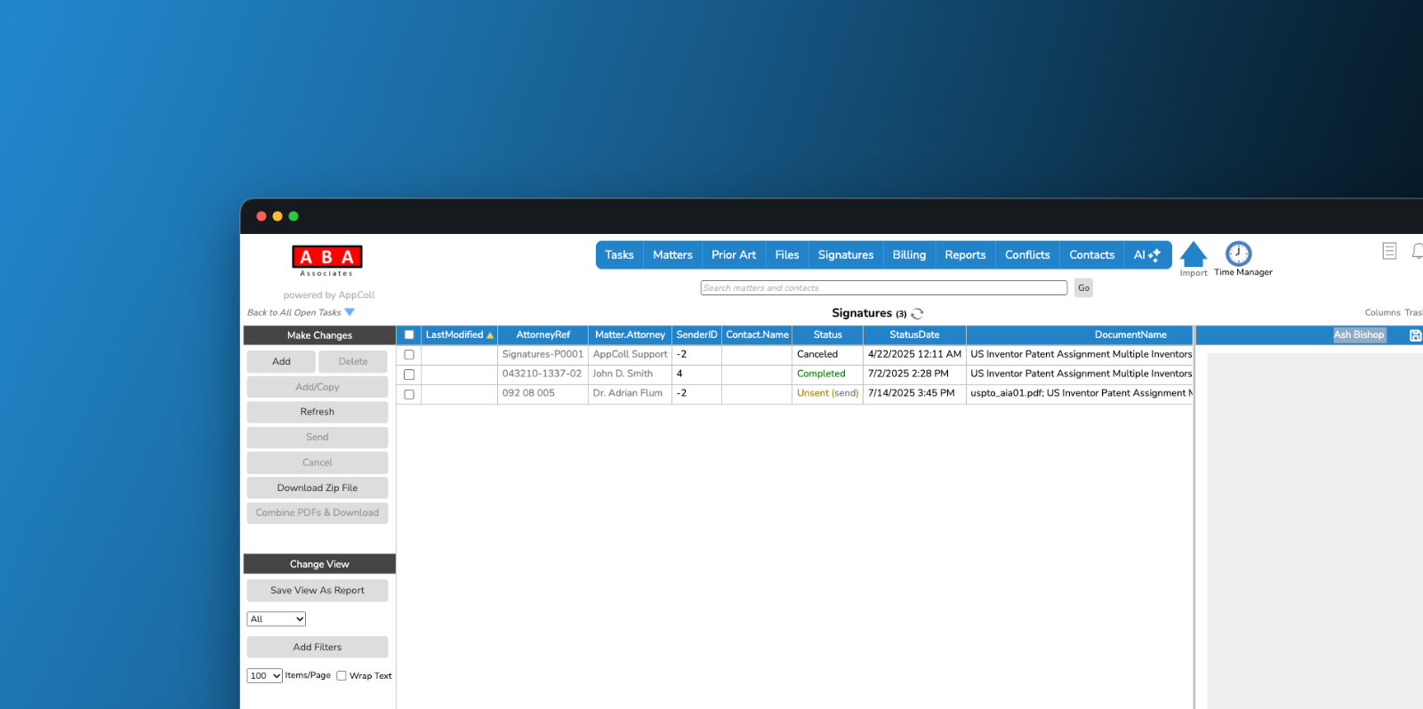 AppColl Prosecution Manager Signatures screen listing patent assignment and declaration signature requests with their matter, attorney, status and date