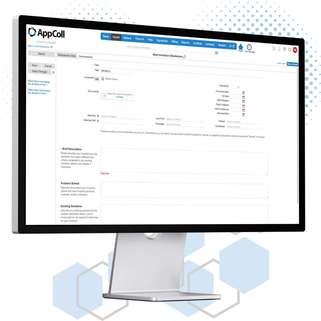 AppColl PM Invent on a desktop monitor, showing an invention disclosure form