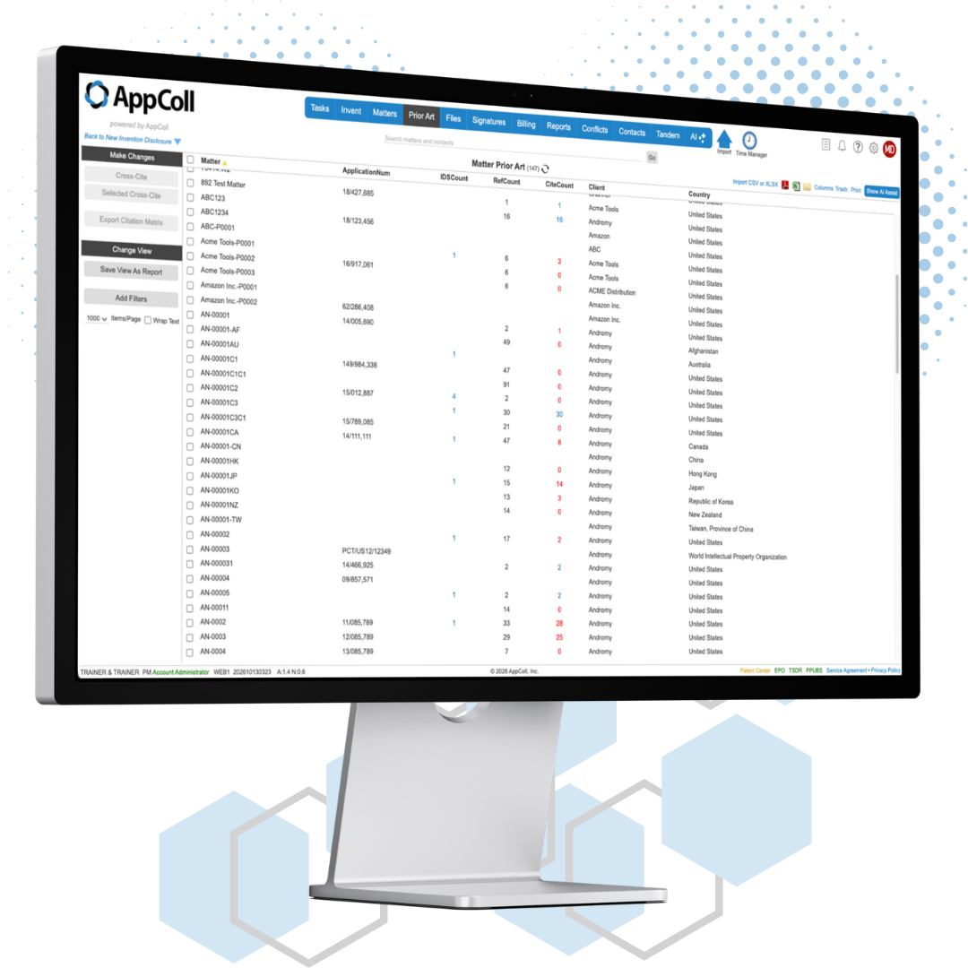 AppColl Prior Art module on a desktop monitor, showing references tracked for IDS filings