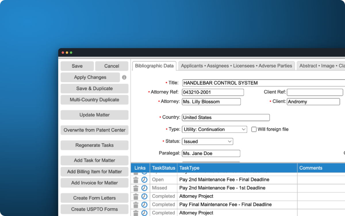 AppColl PM Corporate matter screen showing patent bibliographic data, status and attorney fields above a docketed task list of maintenance fee deadlines